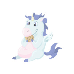 Cute eating unicorn. Illustration of funny cartoon unicorn  with cookie isolated on white. 