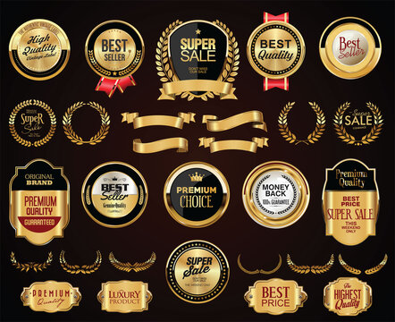 Retro vintage golden badges labels ribbons and shields