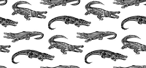 Seamless hand drawn crocodile outline sketch pattern. Endless vector black ink wild animal drawing isolated on white background. Stylzed graphic allegator  illustration