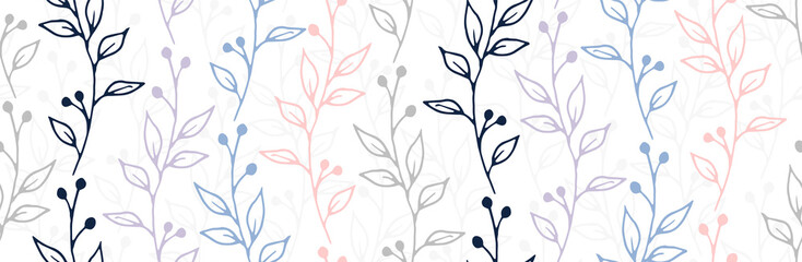 Berry bush twigs botanical vector seamless background. Ornate herbal graphic design. Herb plants foliage and bloom wallpaper. Berry bush branches sketch repeating swatch