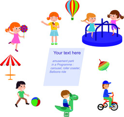 Amusement park vector flat elements isolated on white background for infographic map design. Architecture entertainment elements for family rest in the park. Colorful Ferris wheel, carousel, circus