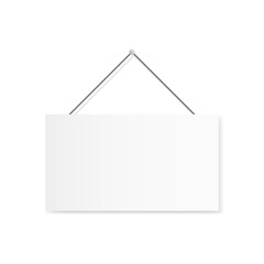 Sign hanging on white wall. Realistic signboard mockup. Sign template on a rope. Isolated banner on white background. Paper poster blank. Vector illustration