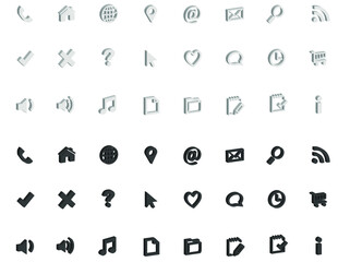 Universal web icons for Mobile and Web. Set of volumetric 3d  white and black icons on a white background for websites and applications. Vector.