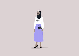 Young female Arab character wearing high heels, trendy outfit with a mini shoulder bag