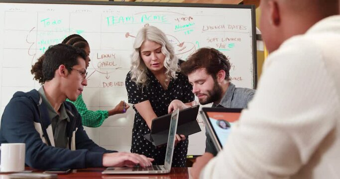 Young African American Female leading group of young co-workers in discussion of brand strategy, in conference room with digital tablets and laptop in front of dry erase board with flowchart and calendar 