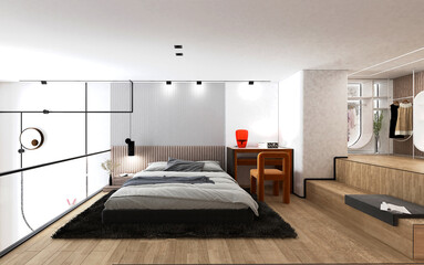 3d render of modern hotel room, bedroom