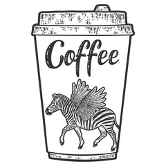 Design of a glass of coffee, zoo, zebra with wings. Engraving vector illustration.