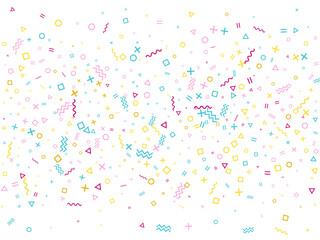 Memphis style geometric confetti background with triangle, circle, square, zigzag and wavy line