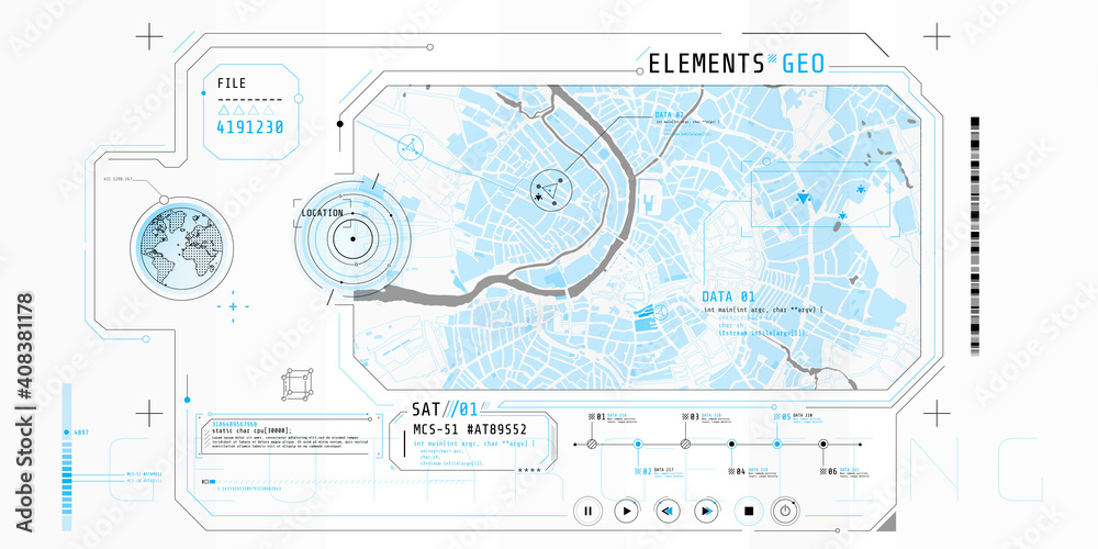 Wall mural design of a futuristic software interface for tracking geo-position.