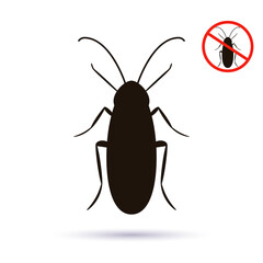 black silhouette of a cockroach. red stop sign. insect control concept.