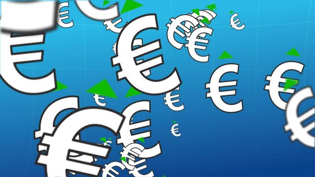 Soaring euro rate. Looped animation. A cloud of euro symbols spins across the camera's field of view. There is a green arrow above the symbol. Situation of the dollar exchange rate increase.