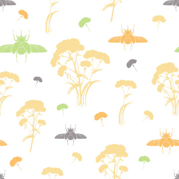 Seamless pattern with plants and bugs silhouettes. Botanical ornament with medicinal plants and insects on white and transparent backgrounds.