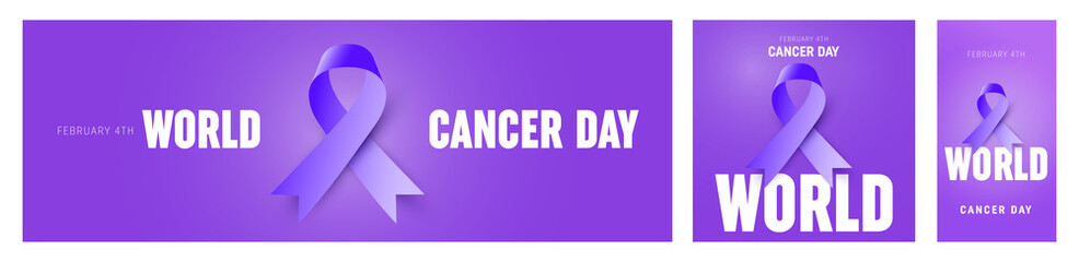 Illustration Of 4 February World Cancer Day Poster Or Banner Background. Cancer Awareness Realistic Ribbon.