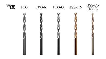 Set realistic hss drill bits HSS. High Speed Steel for working at high speeds. High-alloy metal cutting tools. Tool isolated on white background. Closeup iron drills. Vector illustration