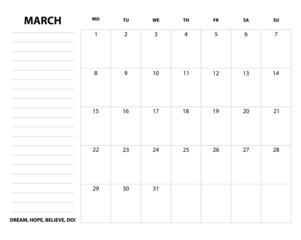 Simple calendar organizer 2021 grid with lettering month name and motivation phrase "Dream, hope, believe, do".