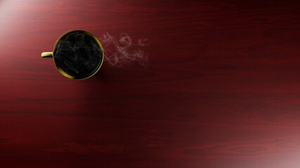 Top view of coffee on red wooden table (3D Rendering)