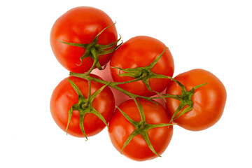 Red raw tomatoes on a branch isolated on a white background. Top view