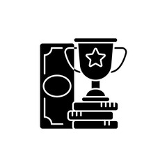 Winning black glyph icon. Cash prize. Victory. Becoming profitable sports bettor. Keeping winning bet. Making money betting on sports. Silhouette symbol on white space. Vector isolated illustration