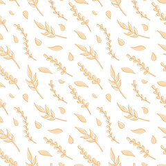 Natural vector seamless pattern leaves gold elements on white background