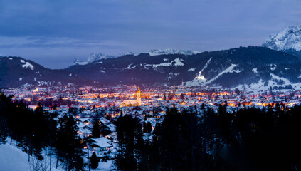 Winter skyline of city in the mountains - Garmisch-Partenkirchen, Germany