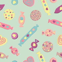 Sweets and sweets with hearts - seamless pattern in pastel colors on a green background. Confetti, lollipops, dots in hand drawing style. Suitable for valentine s day and other holidays.