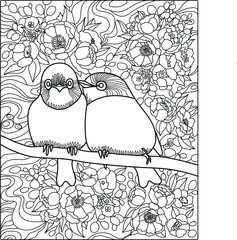 Vector hand drawn birds with flowers color page.