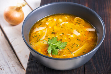 Plate of chicken stock and onions