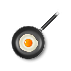 Vector 3d Realistic Black Frying Pan with Fried Edd, Omelet Inside Isolated on White Background. Breakfast, Food Concept. Design Template, Mockup. Top View