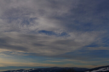Winter in Krkonose mountains, Czech Republic - blue evening sky