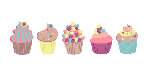 Cupcake drawn heart set in vintage style. Romantic background. Simple. Vintage. Holiday decoration. Vector illustration design. Holiday gift background.