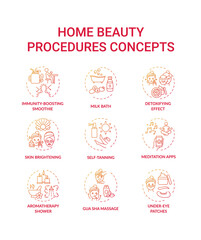 Home beauty procedures concept icons set. At-home spa activities idea thin line RGB color illustrations. Meditation apps. Under-eye patches. Skin brightening. Vector isolated outline drawings