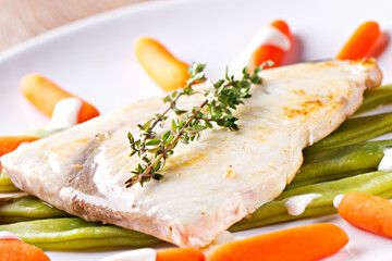 Grilled Swordfish with mixed vegetables. High quality photo.