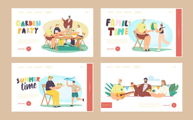 Happy Family Celebrate Garden Party Landing Page Template Set. Characters Sit at Table, Eating, Communicate