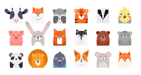 Cute cartoon animal, bird head flat style vector illustrations. Vector clip art collection of cute animals characters. Pets, farm, zoo design set for baby clothes, card and invitation templates. © Nubenamo