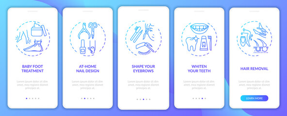Home beauty procedures onboarding mobile app page screen with concepts. Whitening teeth, hair removal walkthrough 5 steps graphic instructions. UI vector template with RGB color illustrations