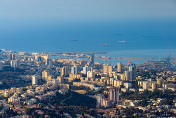 Naklejka premium The Cityscape of Haifa At Sunset, Haifa Downtown Aerial View, Israel