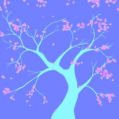 A beautiful magic cyan tree with pink and purple flowers. Spring blooming Sakura. Botanical illustration with branches, leaves and flowers. 