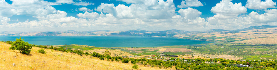 Fototapeta na wymiar Panoramic View Of Golan Heights and the Galilee and The Sea of Galilee, also called Lake Tiberias, Kinneret or Kinnereth.