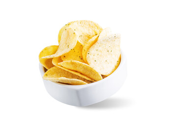 Yellow potato chips with salt and season on a white isolated background