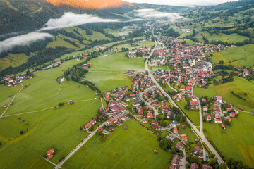 Aerial view of German Village Bad Oberdorf at sunrise near Zugspitze and austria border