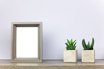 Two potted succulent plants on a wooden shelf with a blank picture frame.