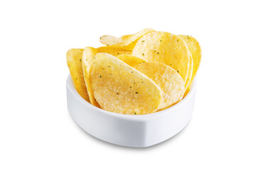 Yellow potato chips with salt and season on a white isolated background