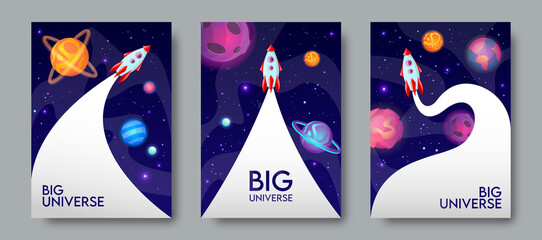 Rocket banner design sailing in cosmos