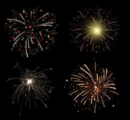 Beautiful bright fireworks on black background, collage. Illustration