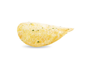 Yellow potato chips with salt and season on a white isolated background