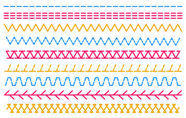 A set of colored sewing stitches on a white background.