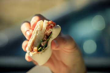 Closeup of a half eaten braised pork belly bun