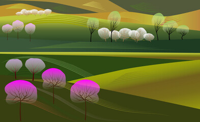 Spring landscape. Green and yellow hills. Blooming trees. Sakura.