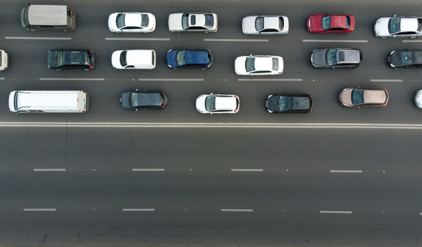 Aerial. Traffic on the city highway. Top view from drone.