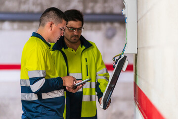Male programmers working on electric meter in auto repair shop